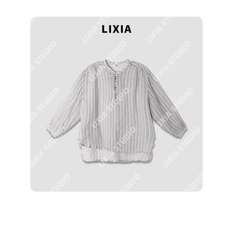 LIXIA【夏洛蒂】欧美风时尚设计轻奢气质麻感细条纹苎麻衬衫-D7622