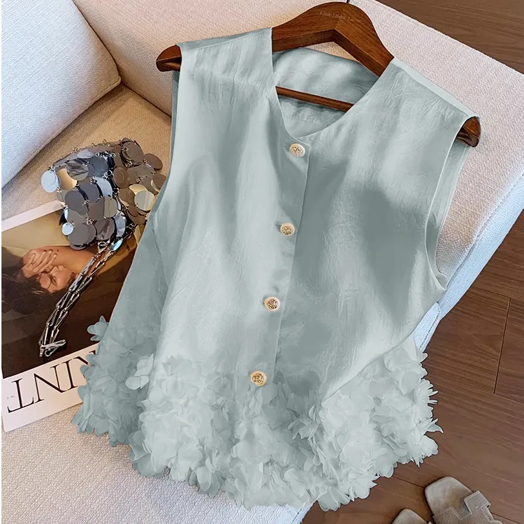 小香风醋酸缎面无袖上衣女夏爆款设计感时尚气质下摆立体花瓣马甲