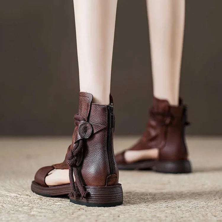 复古高帮露趾凉鞋女2025夏季新款镂空透气凉靴休闲透气罗马鞋女鞋