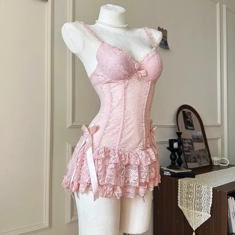 法式睡衣女2025新款纯欲吊带睡裙修身钢托聚拢带胸垫