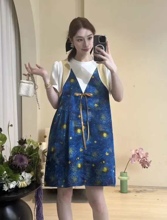 十一原创【星空艺术馆】连衣裙 蝴蝶结拼接时尚气质显瘦