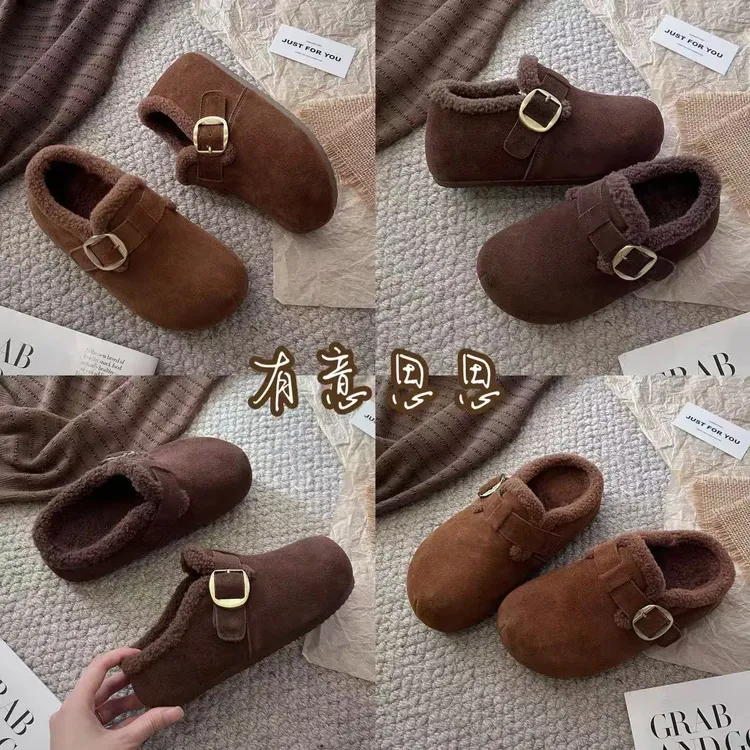 有意思思女鞋“小暖炉”加绒休闲软底一脚蹬女鞋时尚真皮勃肯鞋