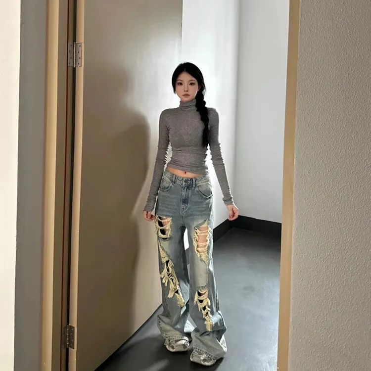 【免费试穿】美式街头破洞牛仔裤女夏季新款高腰宽松阔腿显瘦拖地裤