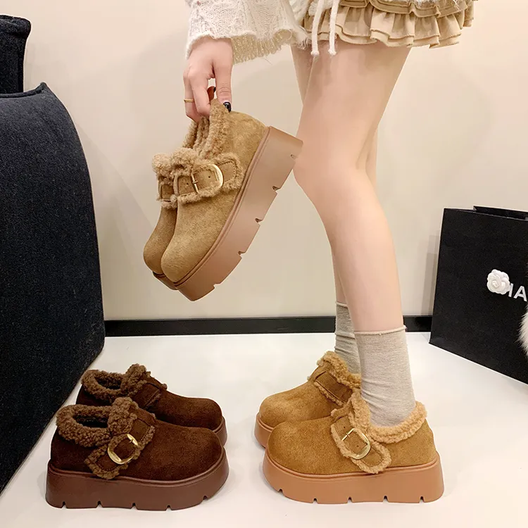 牛皮女鞋勃肯鞋女冬季加绒保暖厚底毛毛鞋加厚厚底棉鞋10061