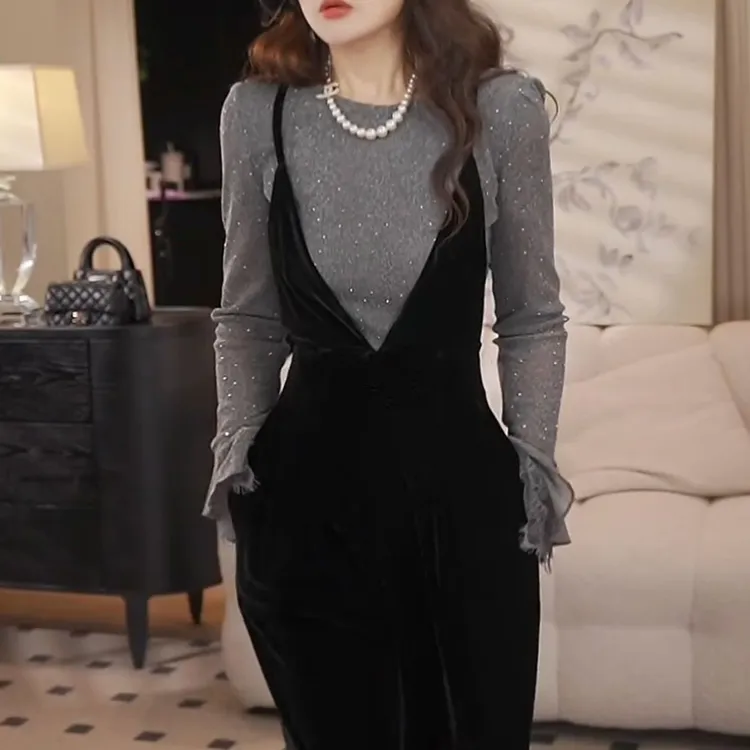 【满天星】法式千金风女神打底衫2025秋季气质圆领修身显瘦细闪T恤