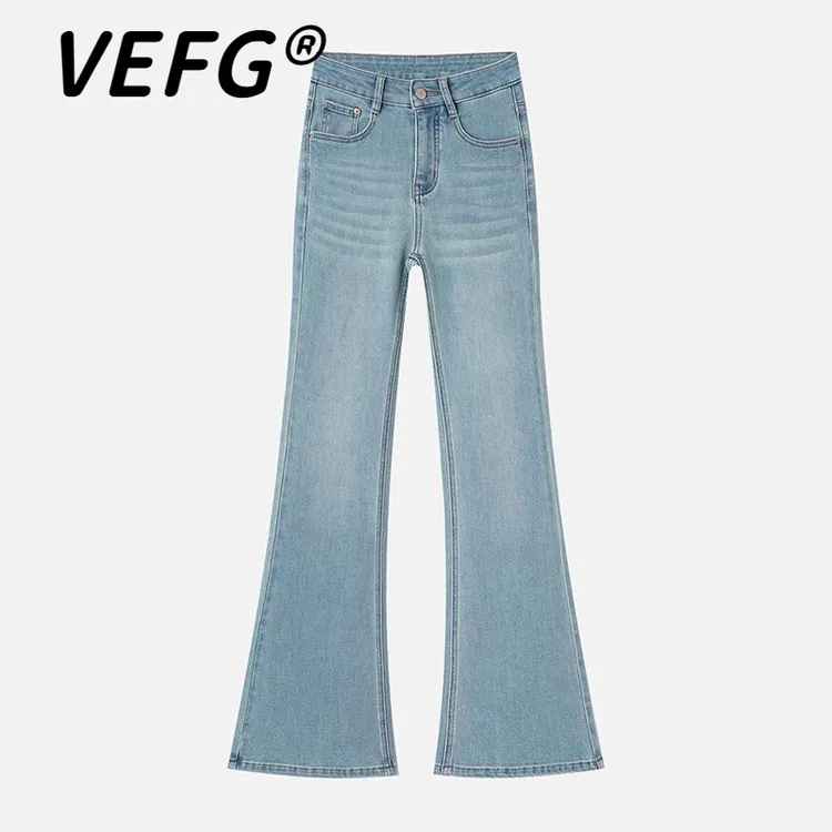 VEFG美式复古25年早春新款时尚百搭显瘦修身高腰微喇牛仔裤女喇叭