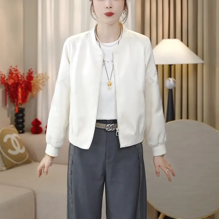 鸟语花香~刺绣微光缎显瘦百搭休闲圆领棒球服外套小个子外搭上衣