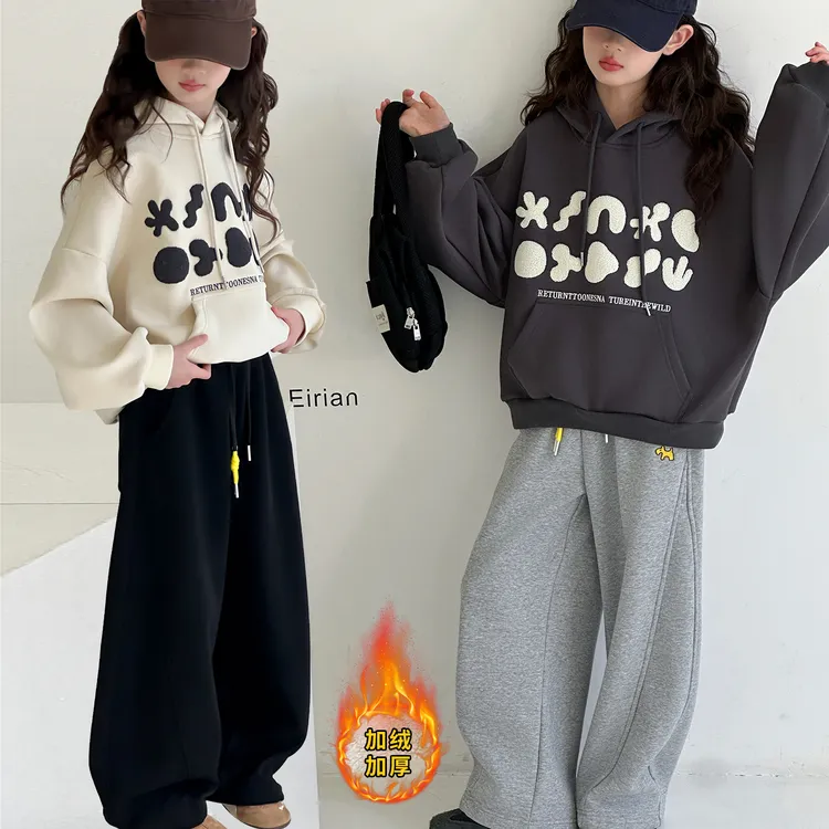 儿童6-12岁女童加绒卫衣小女孩毛巾绣加绒加厚连帽卫衣15韩版宽松