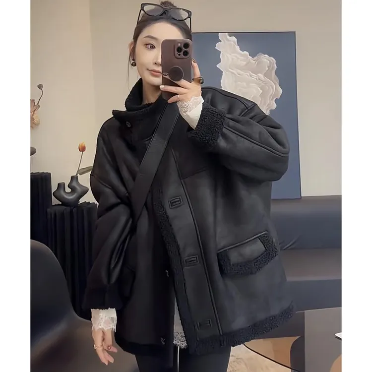 黑色皮毛一体外套女2025冬季新款立领复古宽松百搭加厚机车服上衣