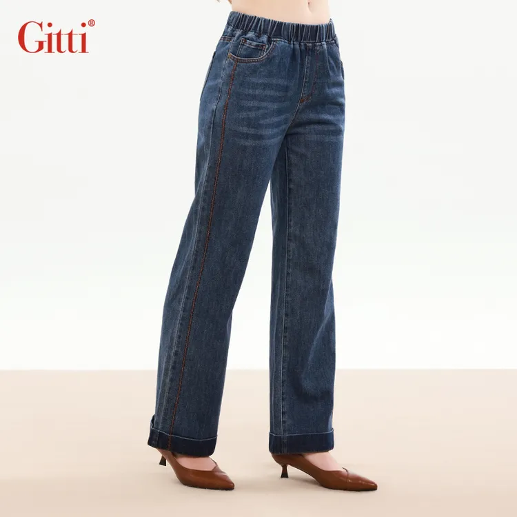 Gitti/吉蒂复古水洗直筒牛仔裤女宽松大码松紧腰棉裤子G255037