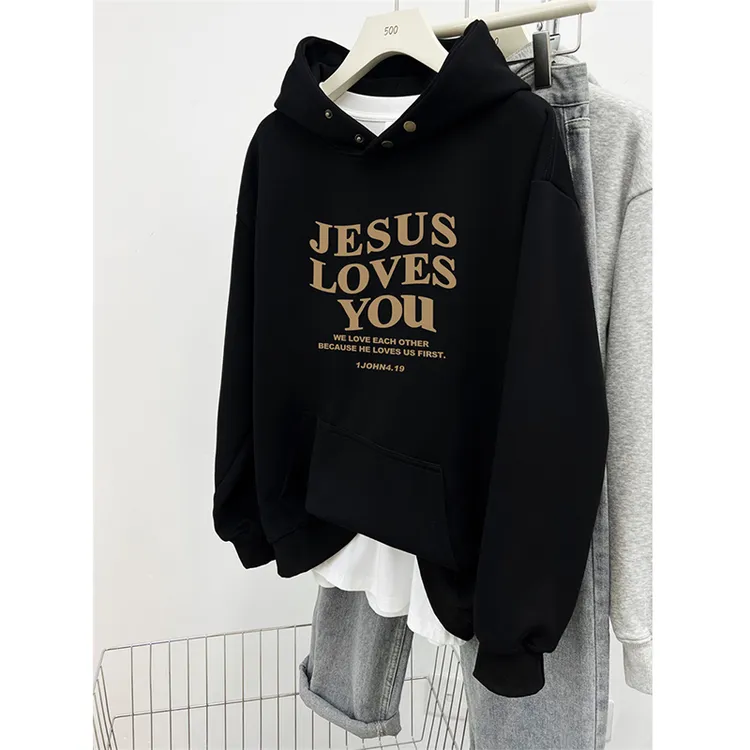 重磅纽扣套头连帽卫衣女秋冬新款胖mm宽松大码字母印花中长款外套