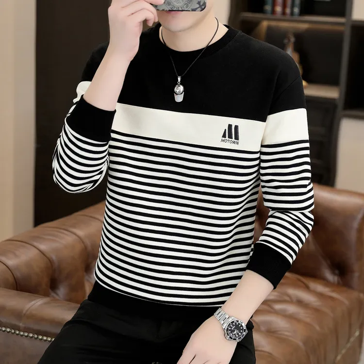 高档卫衣男春秋季圆领条纹春打底衫潮流帅气百搭长袖体恤男装007