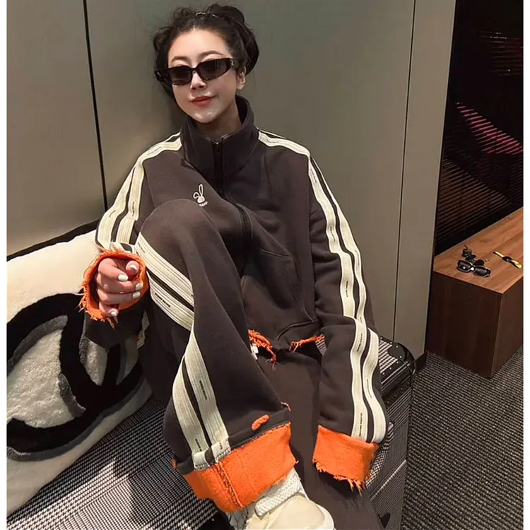 欧货2025春季新款时尚洋气美式减龄休闲风立领长袖上衣长裤两件套