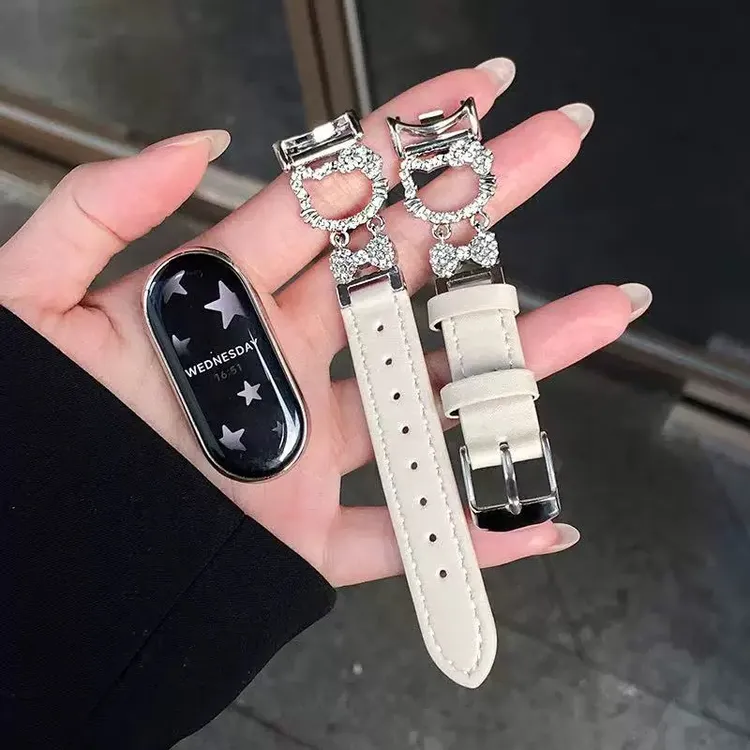 适用小米10手环新款闪钻KT猫表带8/9/nfc可爱轻奢皮质手表带腕带