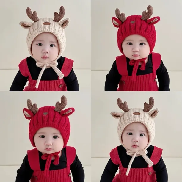 婴儿帽子秋冬季可爱鹿角造型护耳帽小月龄男女宝宝加厚保暖毛线帽