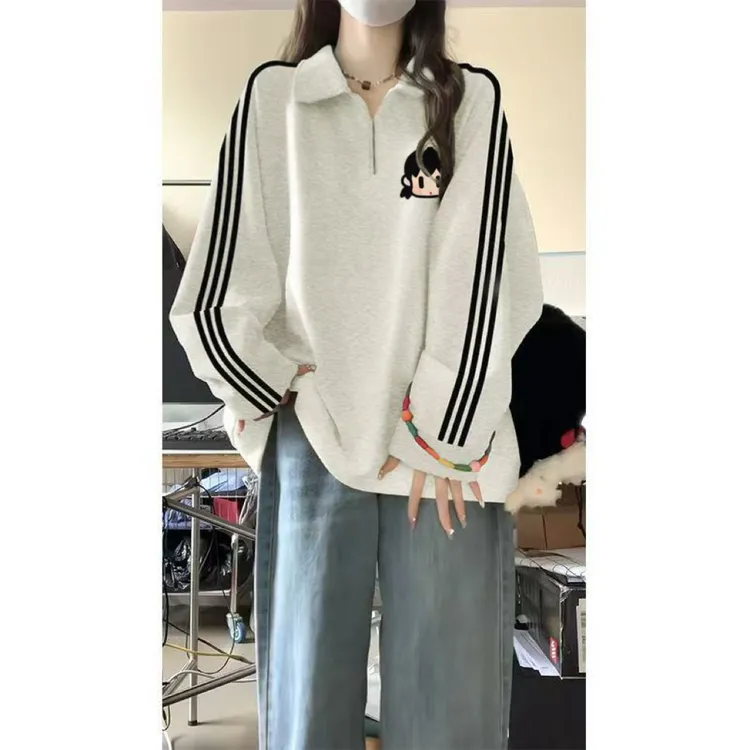 100不起球秋冬季新款三条杠长袖男ins美式慵懒风polo领拉链卫衣女