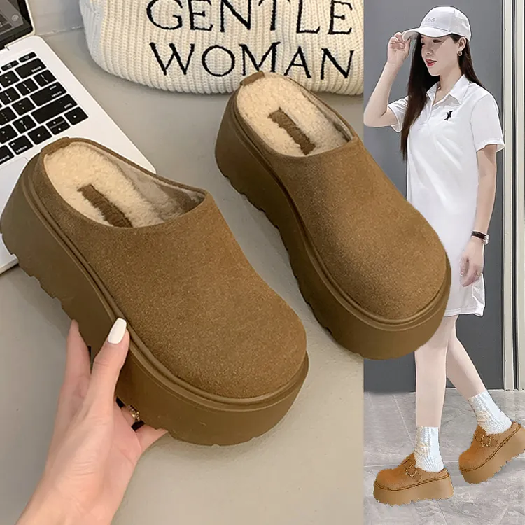 厚底8cm勃肯女鞋加绒包头拖鞋外穿2025新款秋冬雪地靴毛毛棉拖鞋