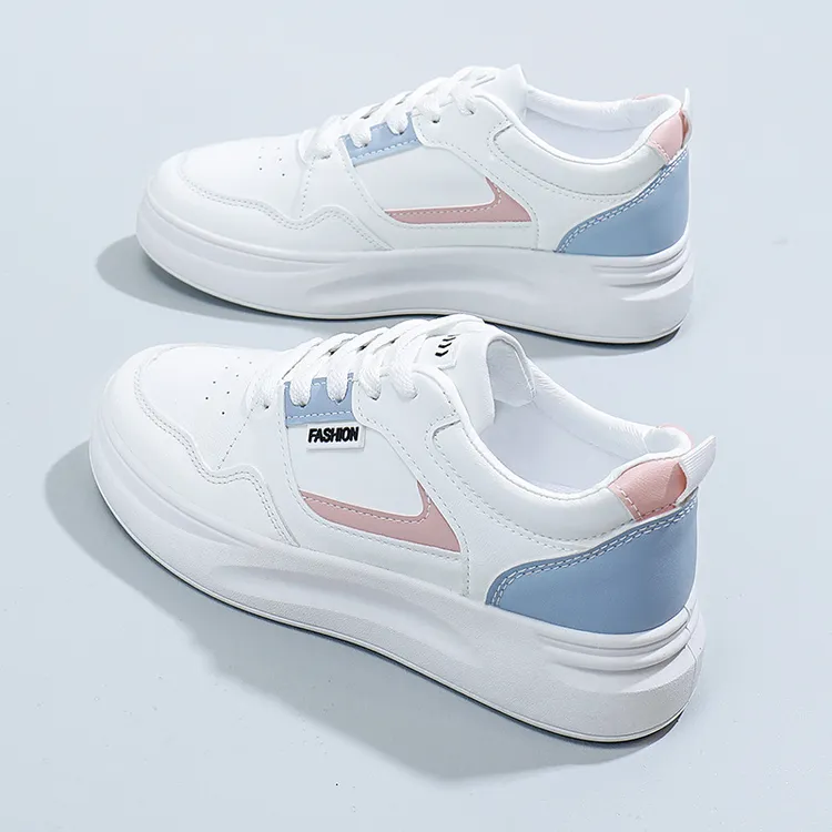 跨境新款2024春秋季透气休闲板鞋皮面拼色百搭女鞋厚底增高鞋街拍