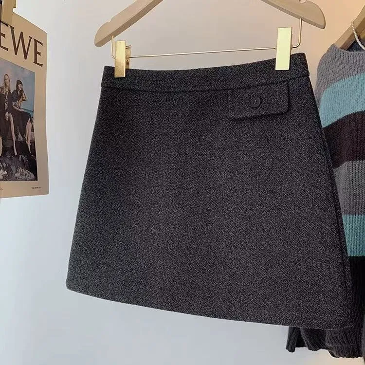 厚实毛呢半身裙女春秋灰色短裙大码梨型身材遮胯包臀裙加厚A字裙