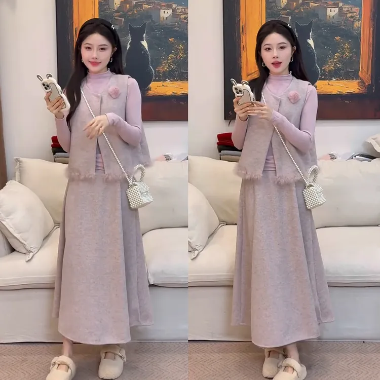 韩系时尚穿搭女装2026早春新款设计感百搭打底衫马甲半身裙三件套