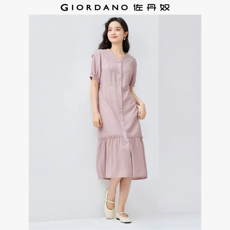 佐丹奴裙子女装气质荷叶边下摆V领夏季短袖连衣裙 05465071