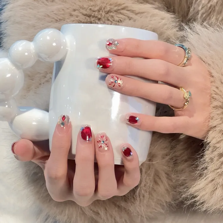 LANYO/岚又[红烟星绽]猫眼新年纯手工穿戴甲手绘花火显白高级