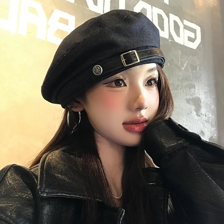 皮扣牛仔贝雷帽女2025年秋冬新款显脸小日系甜美气质时尚画家帽子