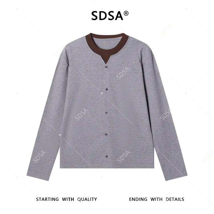 SDSA男士秋冬新款痞帅男装极简风撞色假两件长袖T恤纽扣百搭上衣