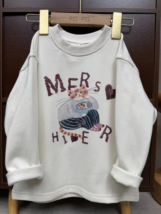秋款上新卡通小猫咪印花男女童底抓绒长袖圆领T恤