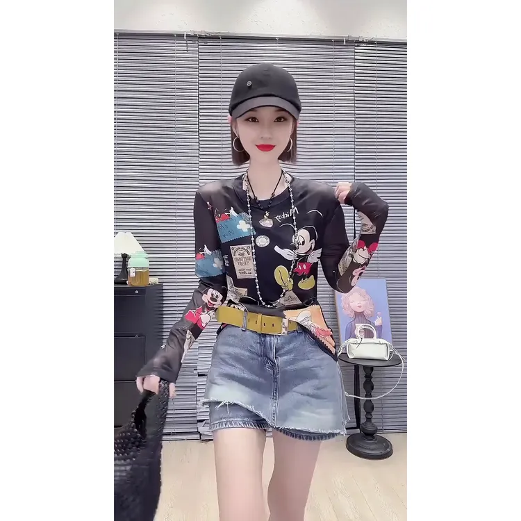 欧货圆领网纱冰丝T恤女夏季薄款卡通印花防晒衫洋气正肩上衣