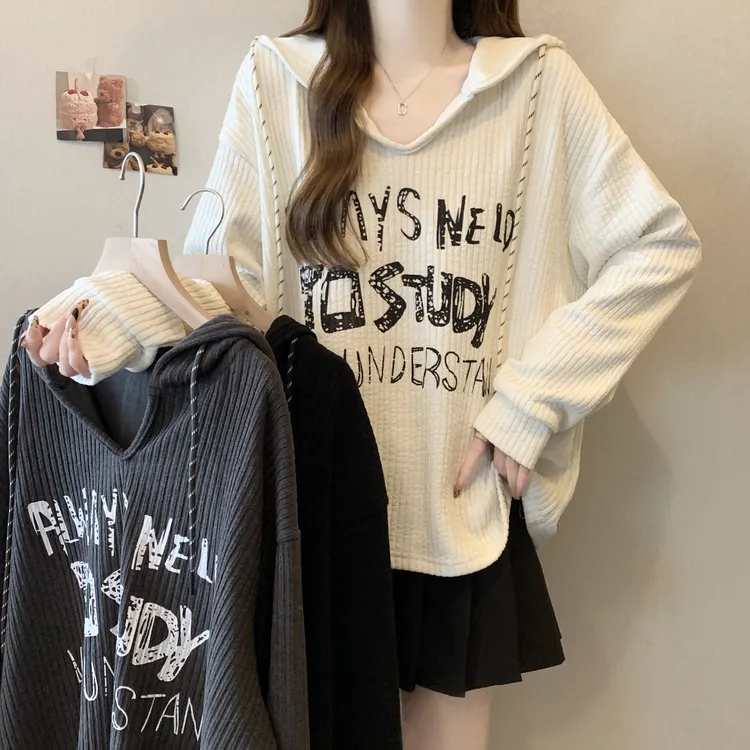 大码胖mm秋冬新款连帽休闲宽松套头上衣短款显瘦外穿卫衣女