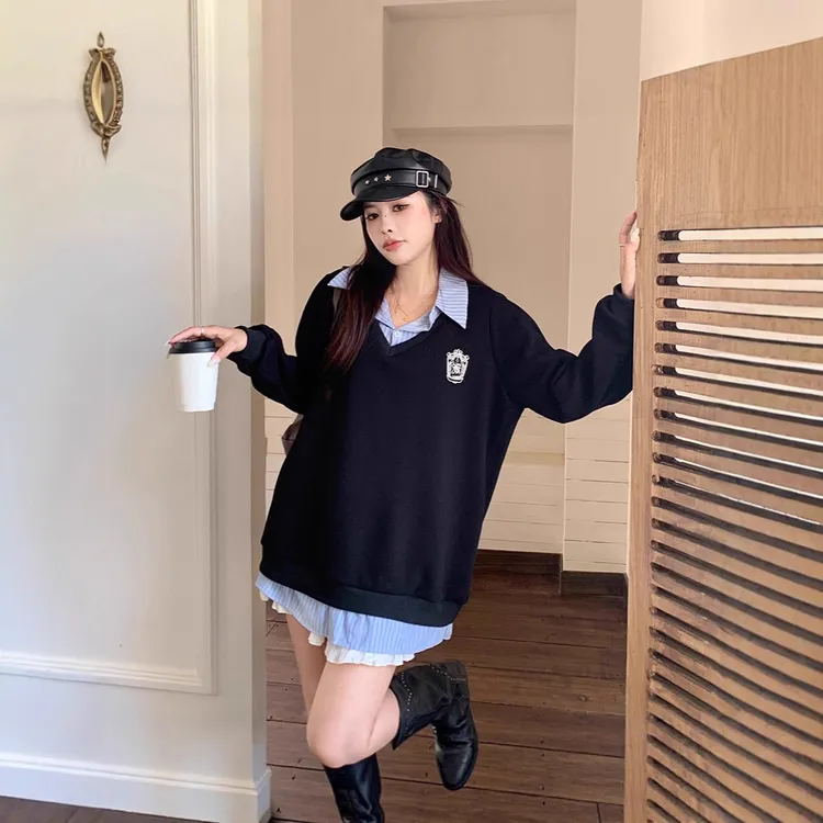 大码学院风假两件设计感衬衫卫衣女秋季2025新款胖mm宽松上衣