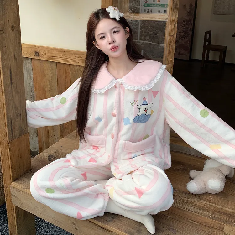 大码胖mm珊瑚绒睡衣女款秋冬季加厚加绒卡通可爱法兰绒家居服套装