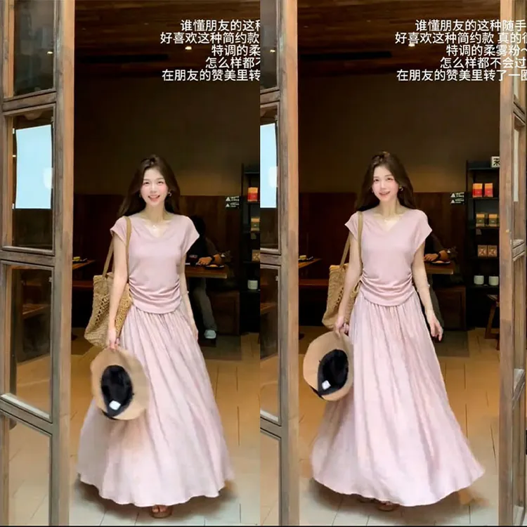 2025夏季新款设计感温柔风极简套装掐腰时尚百搭上衣半身裙两件套