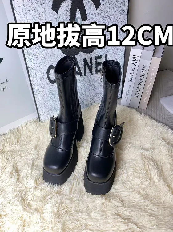 辣妹厚底12CM瘦瘦靴2024冬季加绒马丁靴超高跟防水台小个子弹力