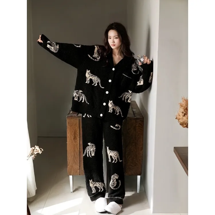 韩系甜美豹子针织半边绒睡衣女秋冬新款加厚保暖家居服套装可外穿