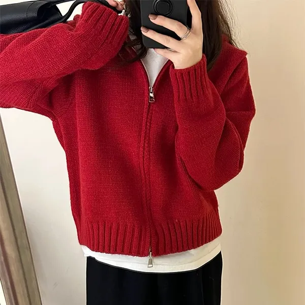 高级感洋气过年红色双拉链连帽针织开衫上衣秋冬慵懒风毛衣女外套
