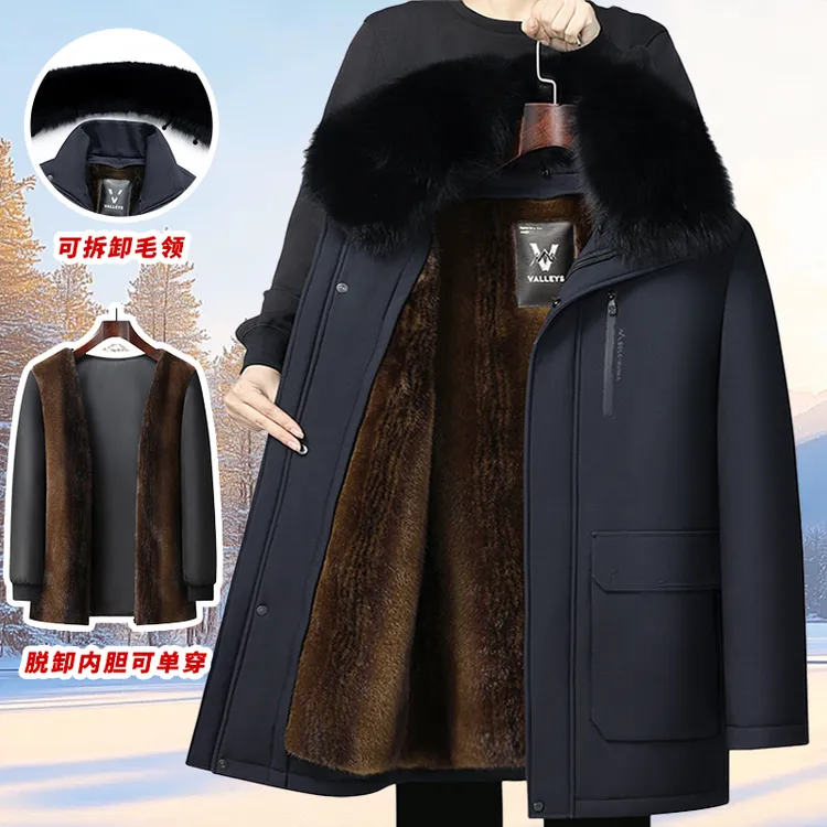 新款中老年加绒加厚脱卸内胆大毛领老人冬季长款棉袄中长款可脱卸