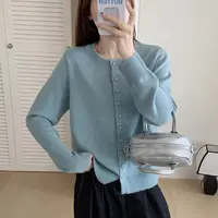 秋季新款针织开衫纯色宽松洋气韩版圆领外套秋冬毛衣女