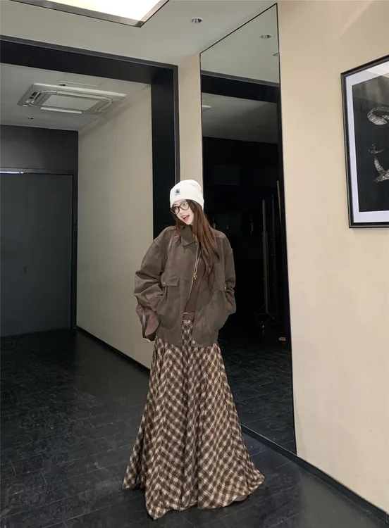 洋气衣服女美拉德宽松百搭外套上衣+大裙摆A字格子半身裙