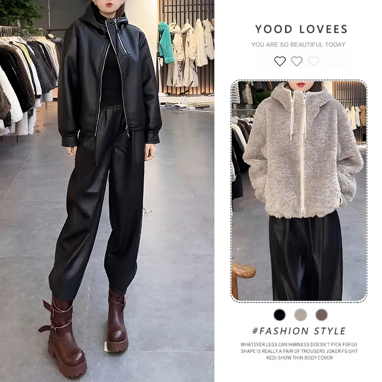 简约设计连帽短款毛毛外套女秋冬2025新款双面穿大衣短款流行上衣