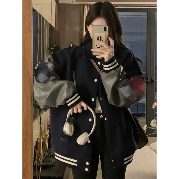 vintage美式复古棒球服外套男女情侣春秋休闲宽松刺绣皮袖夹克男