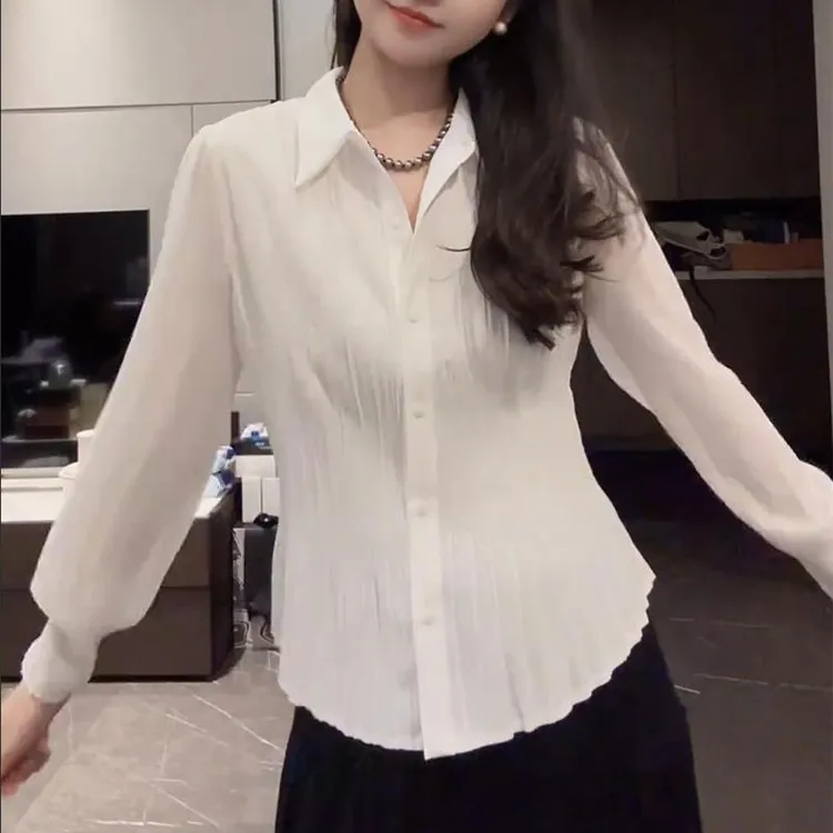 2025春秋新款压褶显瘦长袖衬衣女士时尚百搭气质法式衬衣洋气上衣