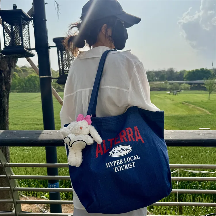 新款时尚复古牛仔帆布包包字母单肩包托特包布包斜跨百搭