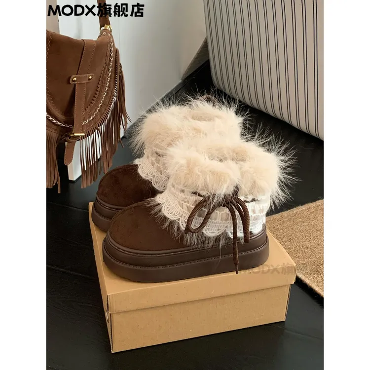 MODX 百搭增高加绒防滑费尔岛毛毛雪地靴厚底女冬季短靴子鞋