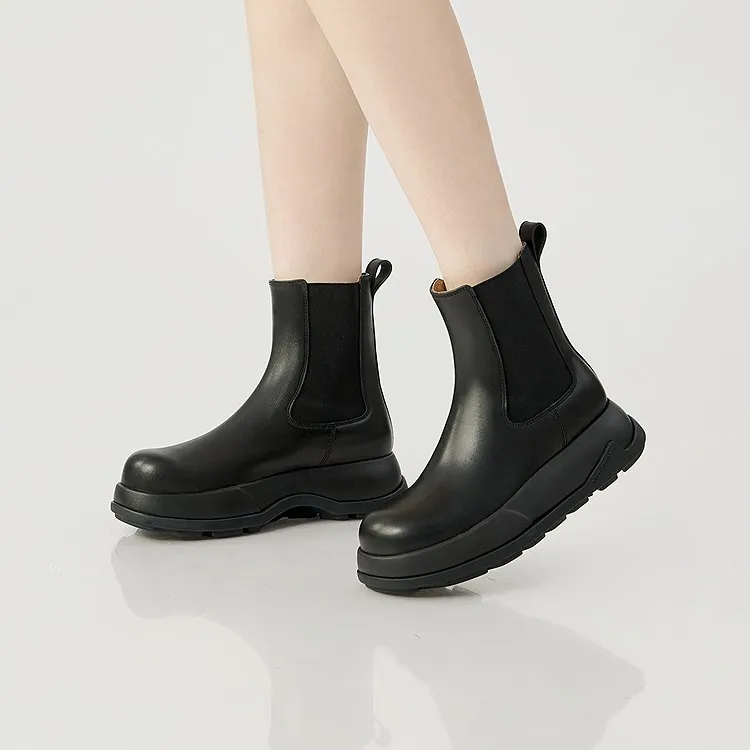 DEEP BREATH深呼吸女鞋 厚底增高一脚蹬牛皮切尔西靴短靴AX15256