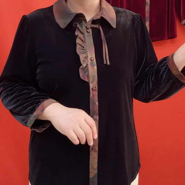 木耳花边领丝绒长袖加大开衫中老年秋季百搭妈妈装