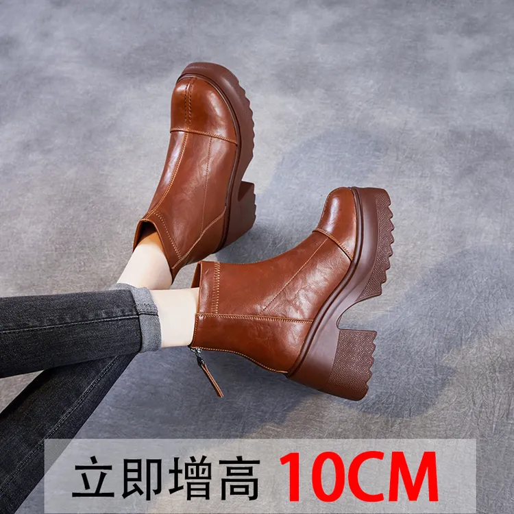 粗跟10CM小个子短靴瘦瘦靴英伦风马丁靴女秋冬厚底内增高冬季棕色