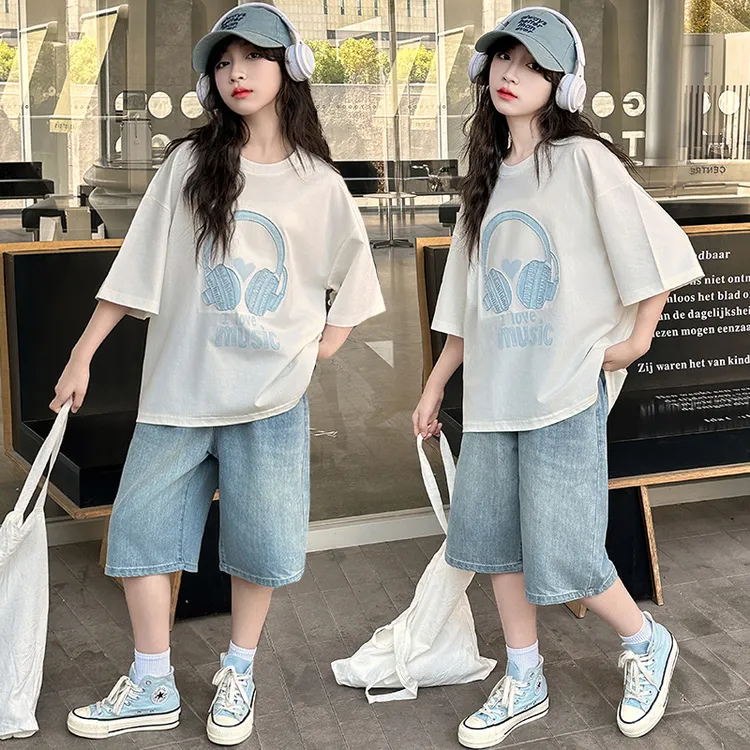 女童短袖牛仔中裤套装2025夏季6-15岁青少年休闲时尚运动两件套潮