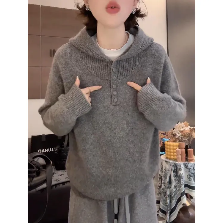 灰色连帽毛衣女内搭秋冬2025年新款韩系慵懒宽松长袖针织打底上衣